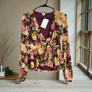 En Creme Burgundy Floral Blouse